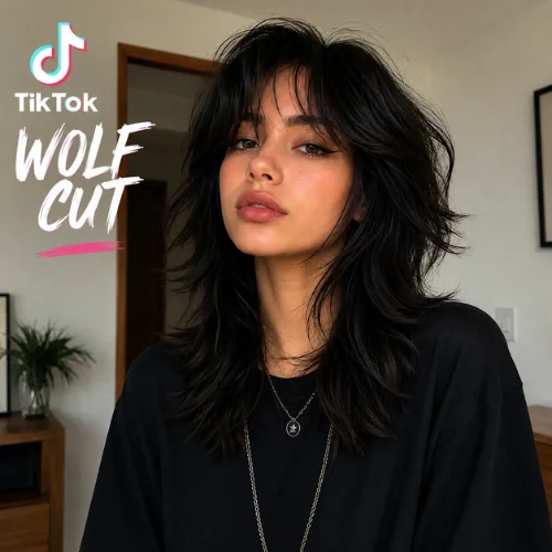 "TikTok wolf cut with shaggy layers, wispy bangs, feathered ends, and voluminous texture"