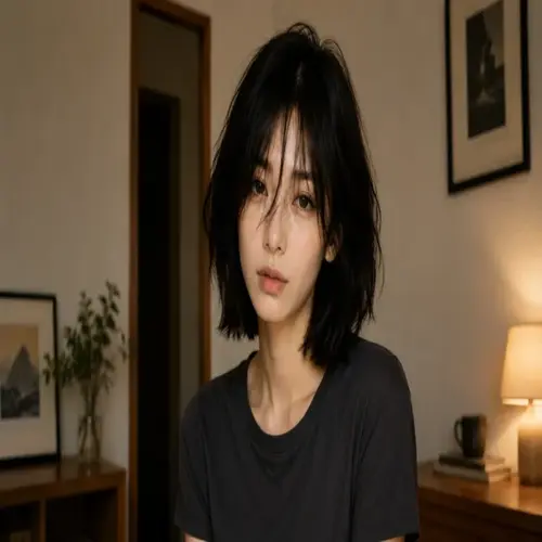 Woman with a short black wolf bob haircut and wispy bangs
