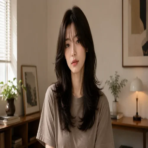 Woman with a layered black wolf cut for long faces, featuring face-framing layers and wispy bangs, styled .