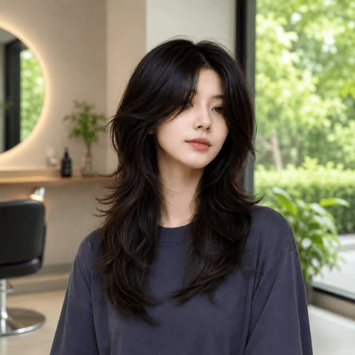 "Long layered wolf haircut for round face with soft curtain bangs and feathered texture"