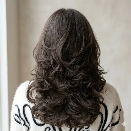 Back view of a wolf cut for thick hair featuring voluminous feathered layers, soft cascading ends, and natural movement on dark brown medium-length hair, showcasing the haircut's textured shape.