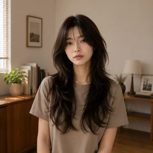 **"Woman with a long layered wolf cut hairstyle featuring feathered ends and face-framing layers, showcasing a trendy wolf cut for long hair."