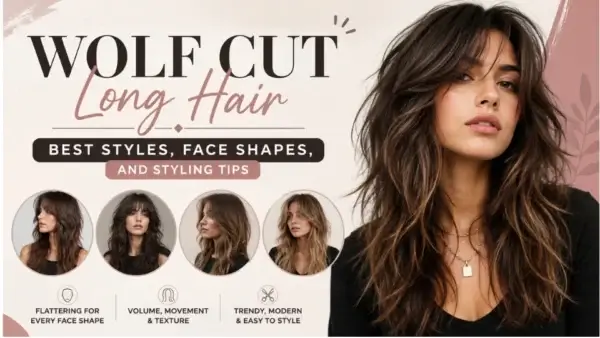 10 Best Wolf Cut Long Hair Styles and Styling Tips in 2026 23 "Feature image for Wolf Cut Long Hair showing a woman with long, layered wolf cut hair and soft curtain bangs. The collage highlights popular long wolf cut styles with the title 'Wolf Cut Long Hair: Best Styles, Face Shapes, and Styling Tips,' representing volume, texture, and modern layered hairstyles."