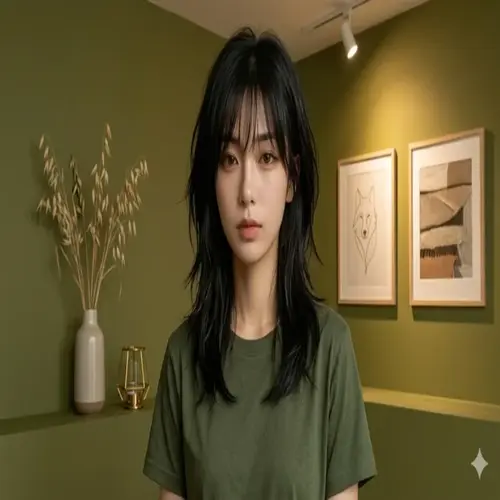 Black wolf cut with airy bangs and textured layers for women