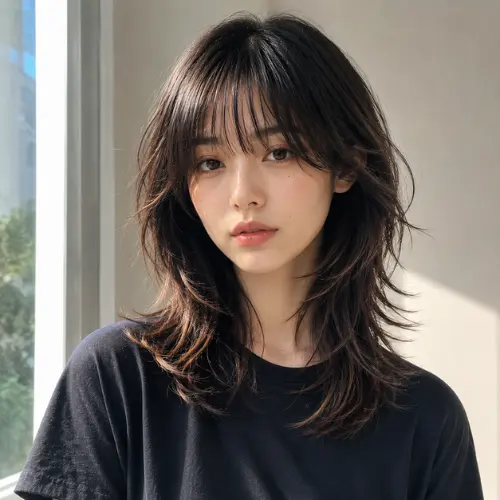 Wolf cut with blunt bangs on medium-length dark brown hair featuring choppy feathered layers, soft texture, and face-framing ends, styled with a black T-shirt in natural window light.