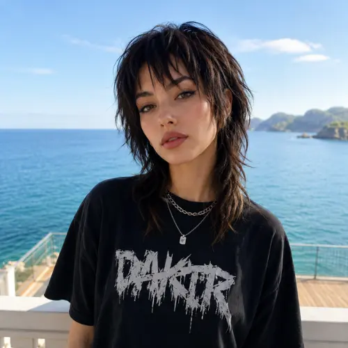 Woman wearing a Wolf Cut with Piece-y Bangs, featuring choppy textured layers, wispy fringe, and edgy shag-inspired styling.
