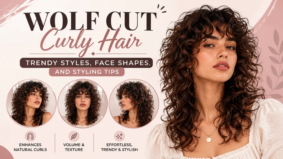 Curly wolf cut hairstyle with layered curls, shaggy bangs, and textured volume in a feature collage.