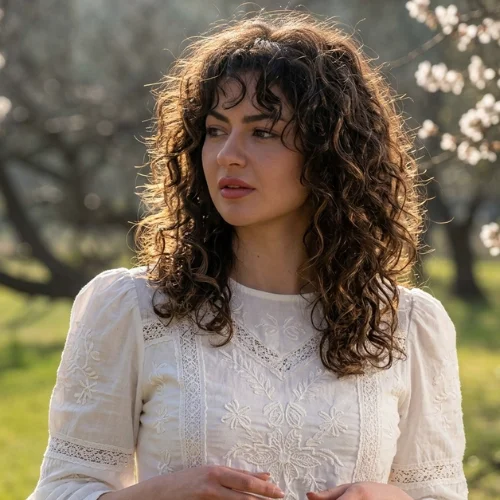 "Layered curly wolf haircut with soft textured curls, wispy curtain bangs, and natural volume for a modern shag style."