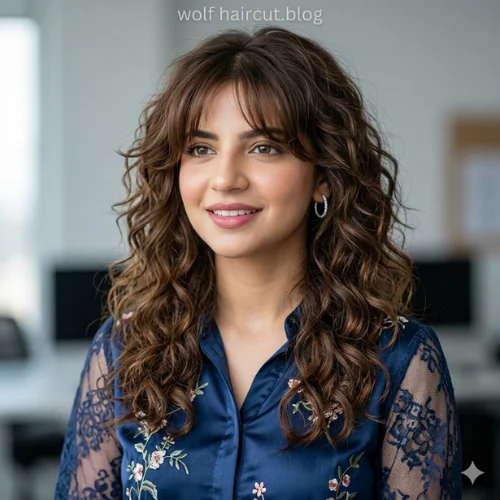 "Long curly wolf cut hairstyle with soft textured layers, curtain bangs, and defined curls, creating a voluminous and modern wolf haircut for women."