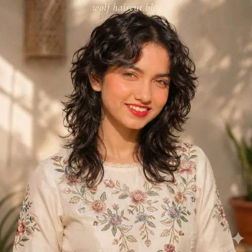 "Woman with a short curly wolf cut hairstyle featuring textured layers, soft curls, and face-framing bangs, showcasing a trendy curly wolf haircut.
