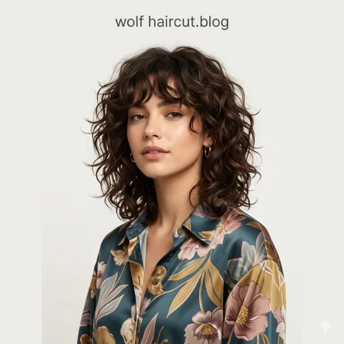 "Shoulder-length curly wolf cut hairstyle with soft shaggy layers, wispy bangs, and natural texture, creating a stylish and voluminous wolf haircut for women."