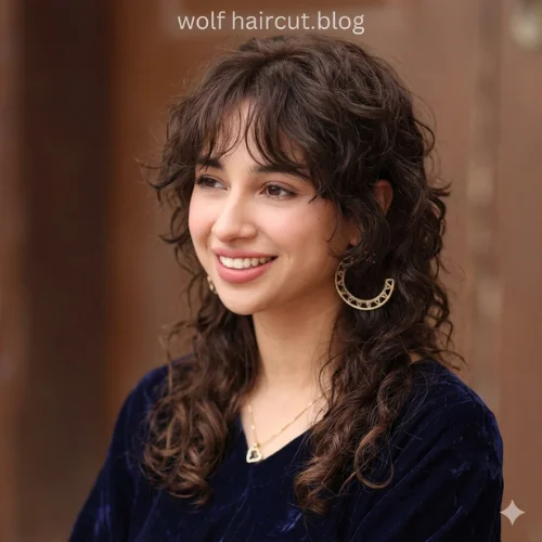 "Soft mullet wolf haircut for curly hair with wispy bangs, textured layers, defined curls, and lightweight volume for a trendy look."