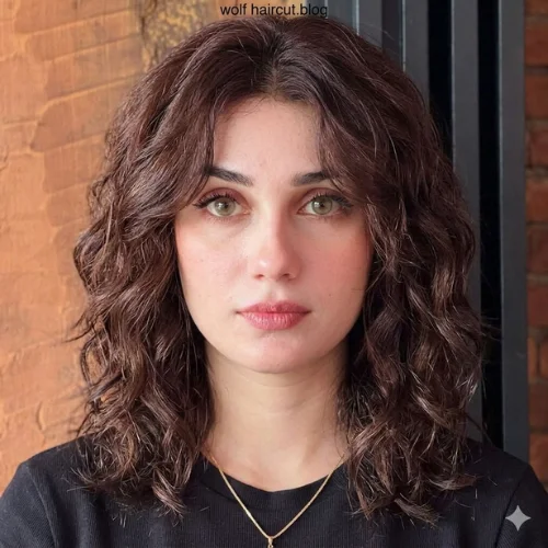"Wavy wolf haircut with soft layered curls, feathered texture, face-framing layers, and natural volume for a modern shag look."