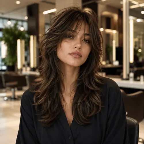 **"Woman with a long layered wolf cut hairstyle featuring feathered ends and face-framing layers, photographed in a modern luxury hair salon, showcasing a trendy wolf cut for long hair."**