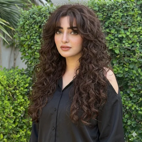 "Long curly wolf haircut with voluminous layered curls, soft curtain bangs, and textured lengths for a bold modern look."