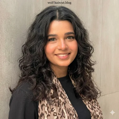 "Curly wolf haircut without bangs featuring soft layered curls, natural volume, and textured ends for an effortless modern look."