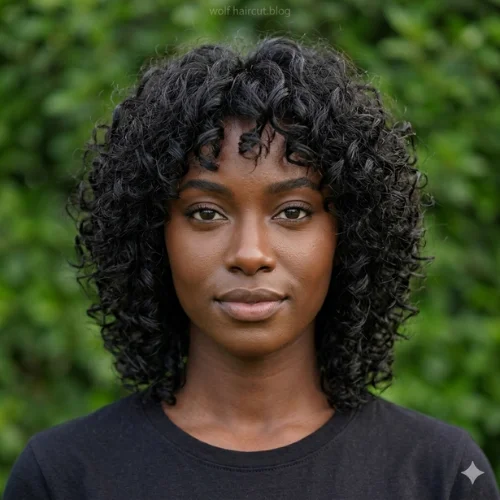 Woman with a shoulder-length curly wolf cut and full curly bangs.