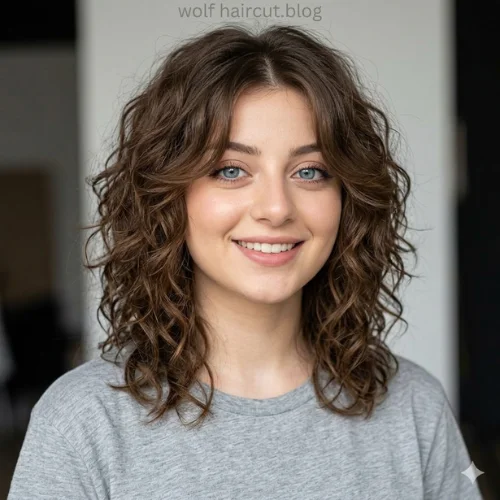 Woman with a shoulder-length curly wolf cut with middle-parted, round face curtain layers.