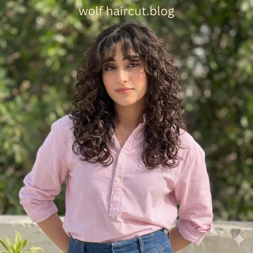"Curtain bangs wolf haircut for curly hair with soft layered curls, face-framing fringe, and voluminous textured shape."