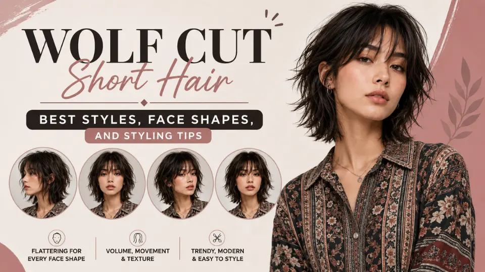 "Feature image showcasing wolf cut short hair for women with trendy layered hairstyles, textured short wolf cuts, face shape inspiration, and styling tips for modern short hair."