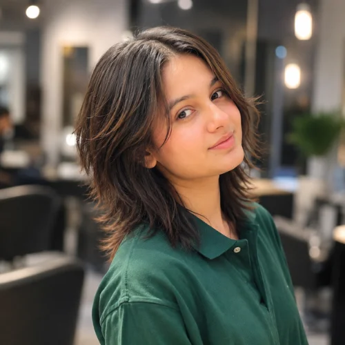 Korean short wolf cut haircut with soft textured layers, face-framing pieces, and feathered ends for a natural, voluminous look .