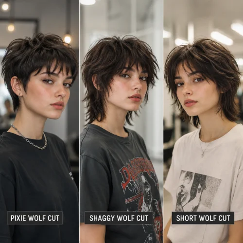 Short wolf cut vs shaggy wolf cut vs pixie wolf cut hairstyles for women with layered textured hair.