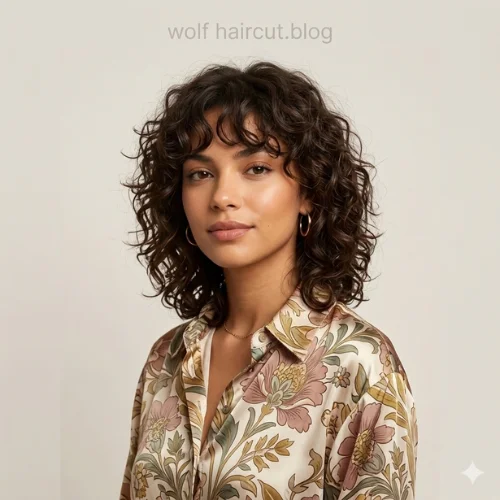 "Soft curly wolf haircut with layered shag cut, wispy curly bangs, and natural volume framing the face."