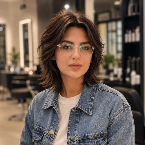 "Very short wolf cut with textured layers, feathered ends, and soft volume, creating a modern low-maintenance hairstyle."