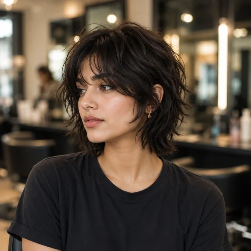 Short wavy wolf cut hairstyle with soft layers, wispy bangs, and textured volume for women.