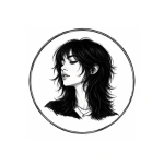 "WolfHaircut.blog logo featuring a black and white illustration of a woman with a layered long wolf cut and wispy bangs."