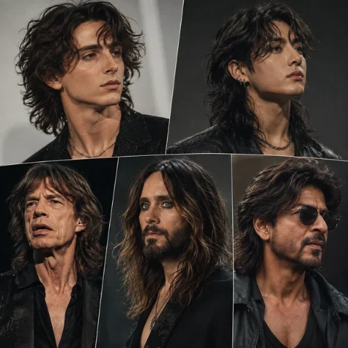 Celebridades que Han Llevado un Wolf Cut Largo `Celebrity-inspired long wolf cut hairstyles for men featuring layered, shaggy, and wavy hair looks`