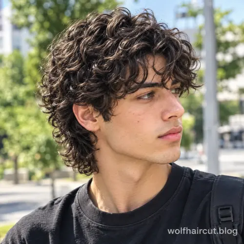 55+ Best Wolf Cut for Men in 2026: Guide and Styling Tips 17 Defined curl wolf cut for men with layered curls and voluminous texture.