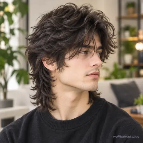 55+ Best Wolf Cut for Men in 2026: Guide and Styling Tips 41 Fluffy mullet wolf cut for men with voluminous layers and textured length at the back.