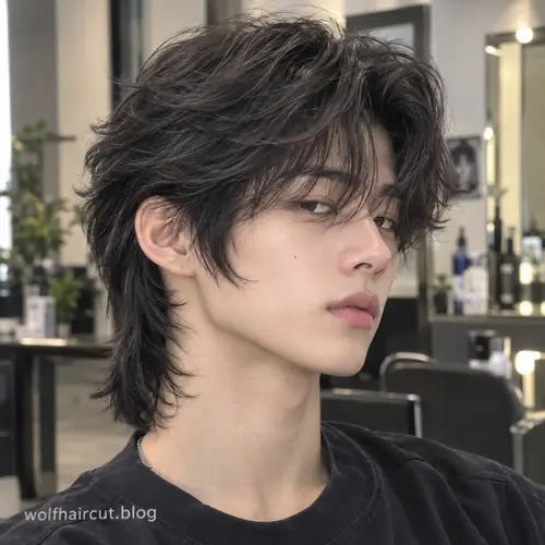 55+ Best Wolf Cut for Men in 2026: Guide and Styling Tips 42 Korean mullet wolf cut for men with soft layers, textured volume, and a tapered back.