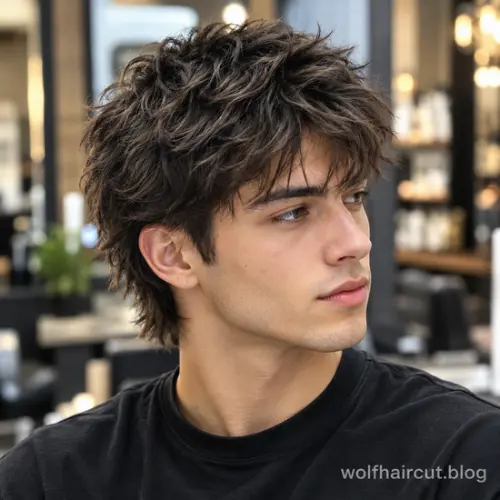 55+ Best Wolf Cut for Men in 2026: Guide and Styling Tips 6 Short textured wolf cut with choppy layers, a tousled fringe, and tapered sides.