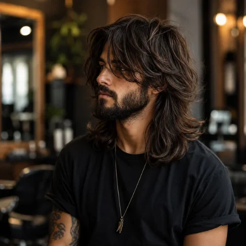 Wolf Cut Largo para Hombres con Barba Corte wolf largo para hombres con barba, cabello ondulado en capas y un acabado despeinado y texturizado.