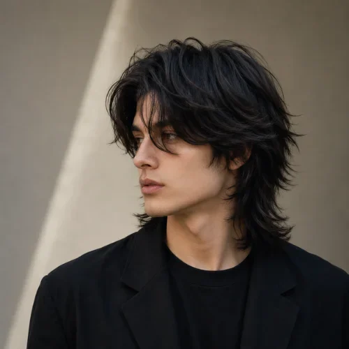 Wolf Cut Largo sin Degradado / Sin Mullet Corte wolf largo y sin degradado para hombres, con cabello negro en capas y puntas despeinadas y texturizadas.