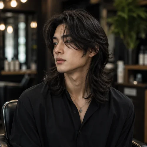 Wolf Cut con Raya en Medio para Hombres con Cabello Largo (Estilo Coreano) Corte wolf con raya al medio para hombres con cabello largo, en un peinado en capas inspirado en el estilo coreano.