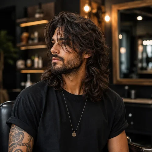 Wolf Cut para Hombres con Cabello Largo y Ondulado Corte wolf largo y ondulado para hombres, con cabello en capas y un acabado despeinado y texturizado.