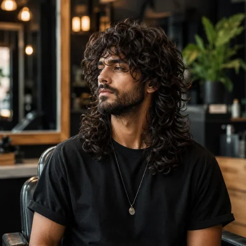 Wolf Cut para Hombres con Cabello Largo y Rizado Corte wolf largo y rizado para hombres, con rizos en capas y un peinado despeinado y texturizado.
