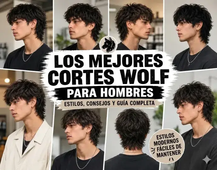 12 Mejores Cortes Wolf Cortos para Hombres en 2026: Estilos, Tipos de Cabello y Guía para Barberos 5 Los mejores wolf cuts cortos para hombres, collage de estilos modernos con textura en capas, laterales degradados y looks fáciles de mantener.