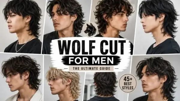 45 Best Wolf Cut for Men in 2026: Guide and Styling Tips 2026 6 Collage of men’s wolf cut hairstyles featuring short, long, curly, wavy, layered, blonde, and modern wolf cuts.