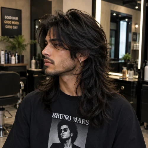 Wolf Cut para hombres con cabello largo: estilos, consejos y guía completa 2026 2 Corte wolf cut largo para hombre con capas texturizadas y flequillo cortina.