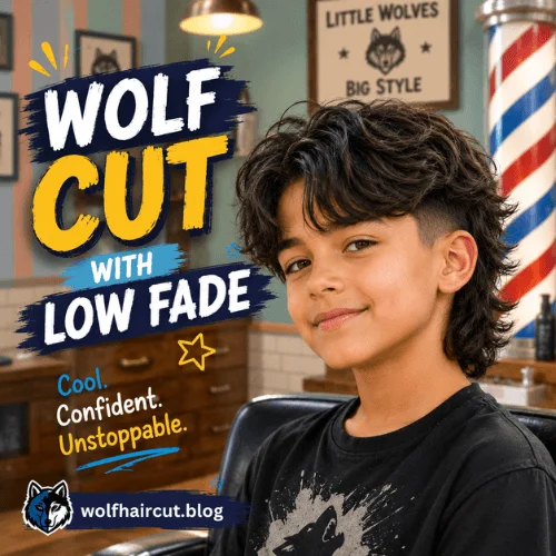 10. Wolf Cut With Low Fade A young boy with a wolf cut hairstyle featuring a thick, textured fringe falling over his forehead and distinct layered volume on the sides and back.
