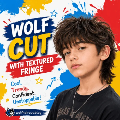13. Wolf Cut With Textured Fringe A young boy with a wolf cut hairstyle featuring a thick, textured fringe falling over his forehead and distinct layered volume on the sides and back.