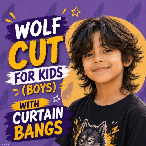 9. Wolf Cut With Curtain Bangs A young boy with a wolf cut hairstyle featuring curtain bangs and long, textured layers framing his face.