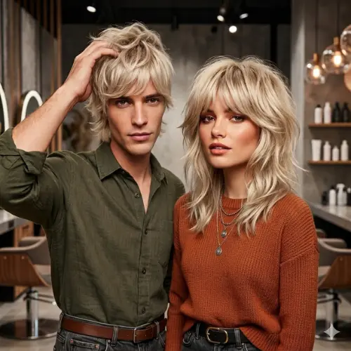 Wolf Cut Hair Color: 20 Best Dyed Wolf Cut Ideas for 2026 5 Male and female models with bright bleached blonde shaggy wolf cut hairstyles.