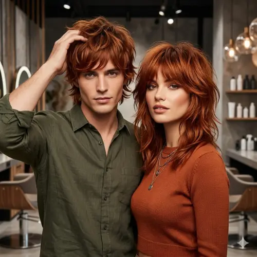 Wolf Cut Hair Color: 20 Best Dyed Wolf Cut Ideas for 2026 4 Male and female models with copper red shaggy wolf cut hairstyles.