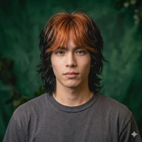 Wolf Cut Hair Color: 20 Best Dyed Wolf Cut Ideas for 2026 10 Man with a copper ginger split dye peekaboo underlayer wolf cut.