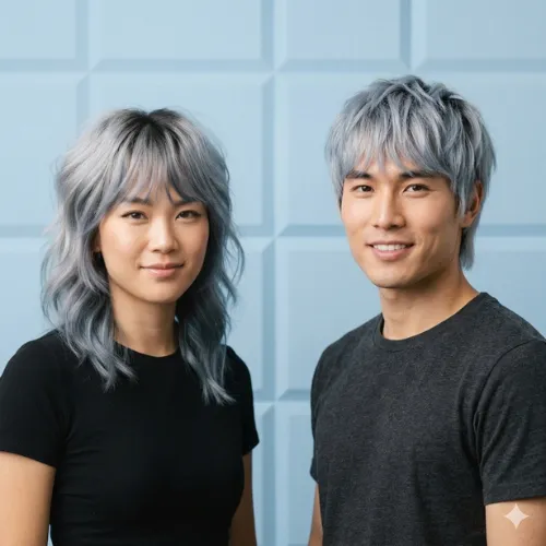Wolf Cut Hair Color: 20 Best Dyed Wolf Cut Ideas for 2026 6 Silver wolf cut hairstyles on a man and a woman.